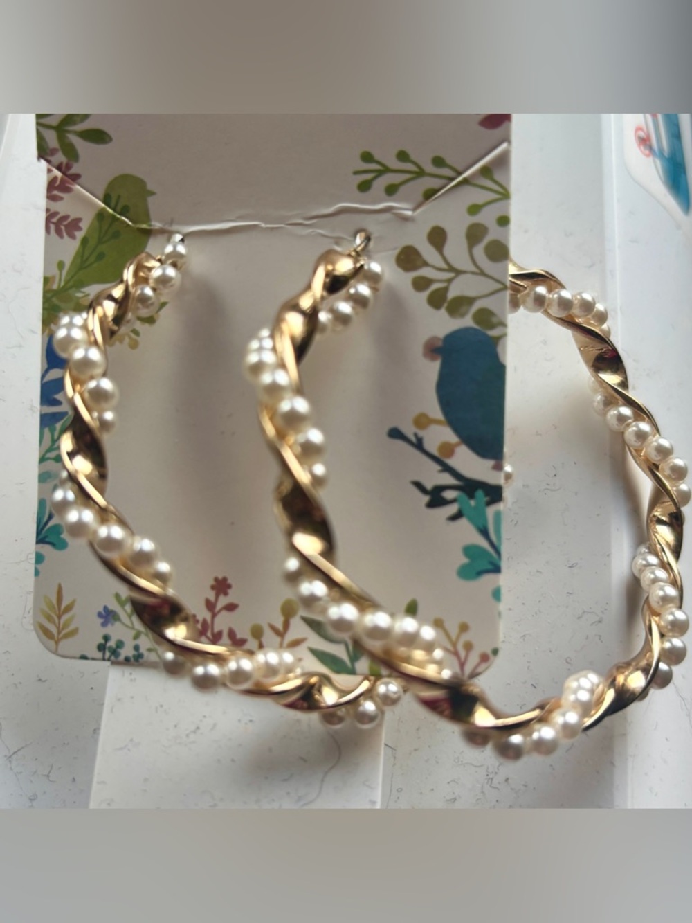 Gold Twisted Hoop Earrings with Pearls